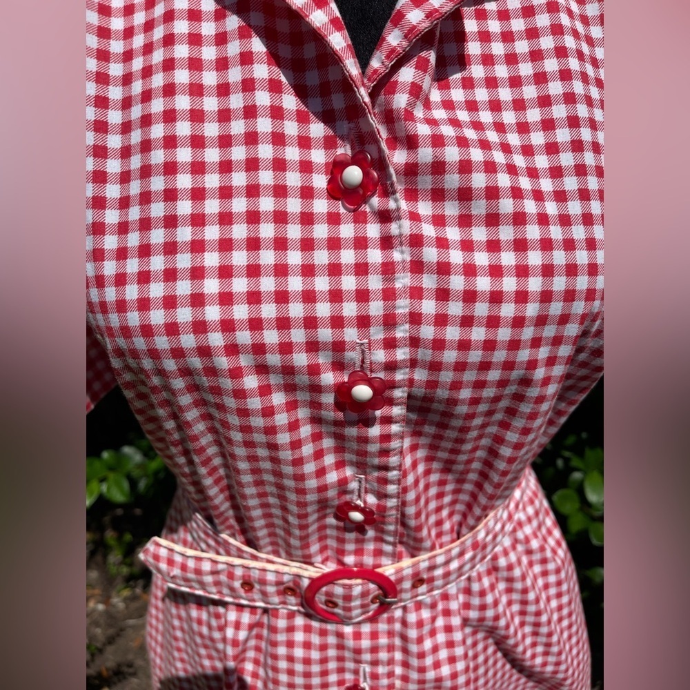 California Looks vintage gingham dress red/white belt +shoulder pads Size 8P 7-4 - Picture 5 of 11